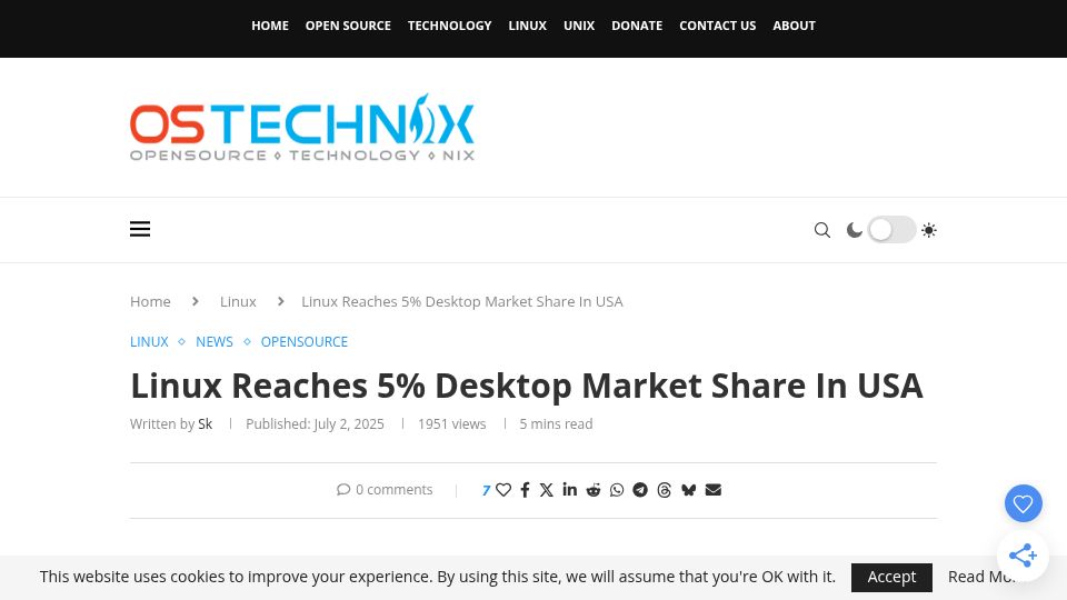Screenshot of ostechnix.com: Linux Reaches 5% Desktop Market Share in USA
