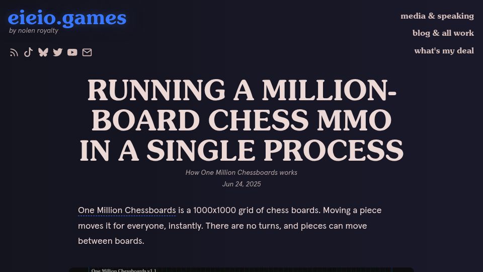 Screenshot of eieio.games: Running a million-board chess MMO in a single process