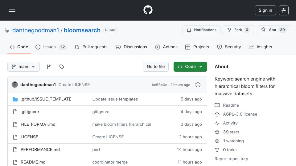 Screenshot of github.com: Show HN: BloomSearch – Keyword search with hierarchical Bloom filters