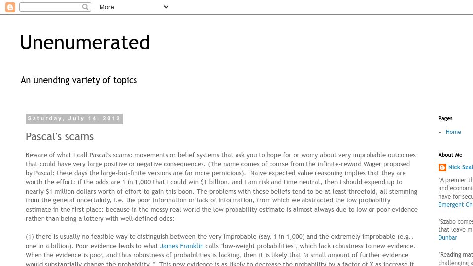 Screenshot of unenumerated.blogspot.com: Pascal's Scams (2012)