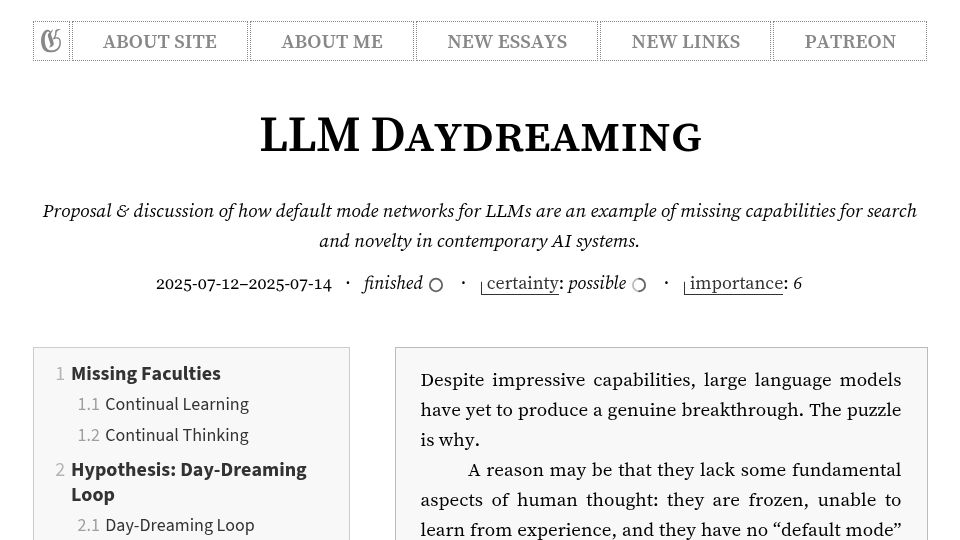 Screenshot of gwern.net: LLM Daydreaming