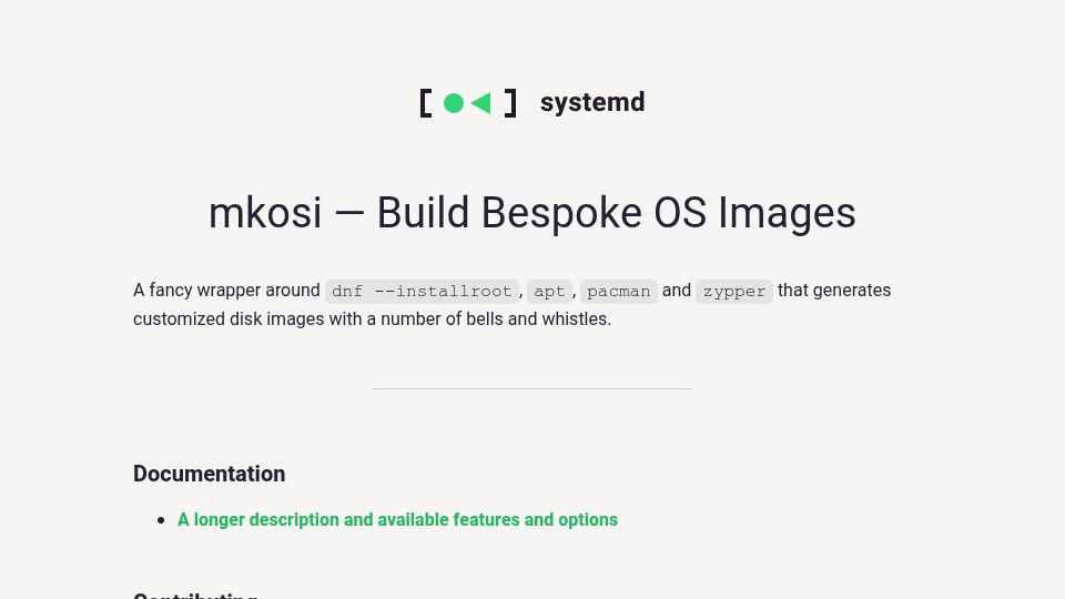 Screenshot of mkosi.systemd.io: Mkosi – Build Bespoke OS Images