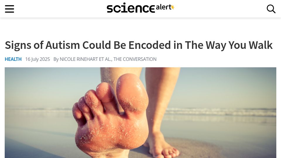 Screenshot of sciencealert.com: Signs of autism could be encoded in the way you walk