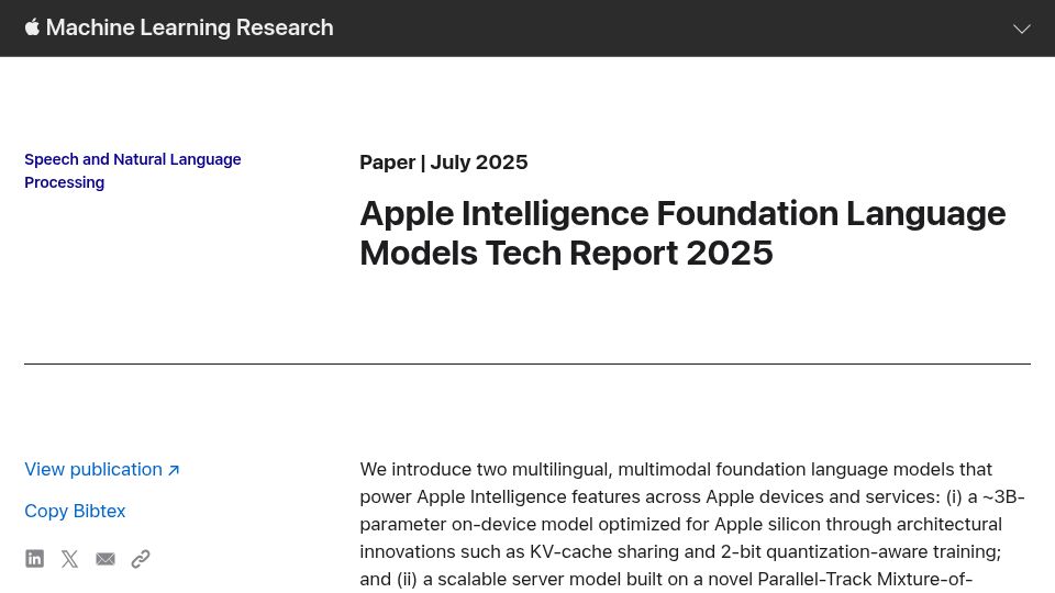 Screenshot of machinelearning.apple.com: Apple Intelligence Foundation Language Models Tech Report 2025