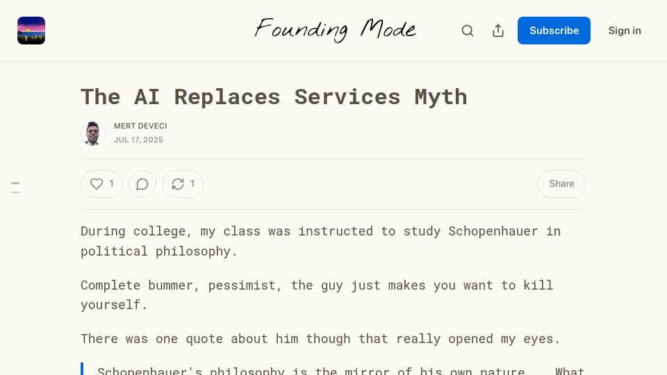 Screenshot of aimode.substack.com: The AI Replaces Services Myth