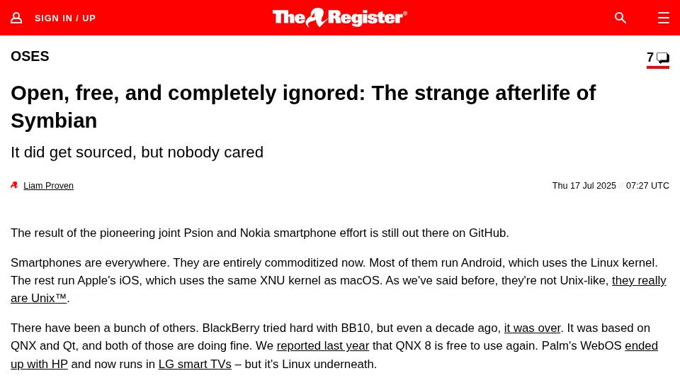 Screenshot of theregister.com: Open, free, and ignored: the afterlife of Symbian