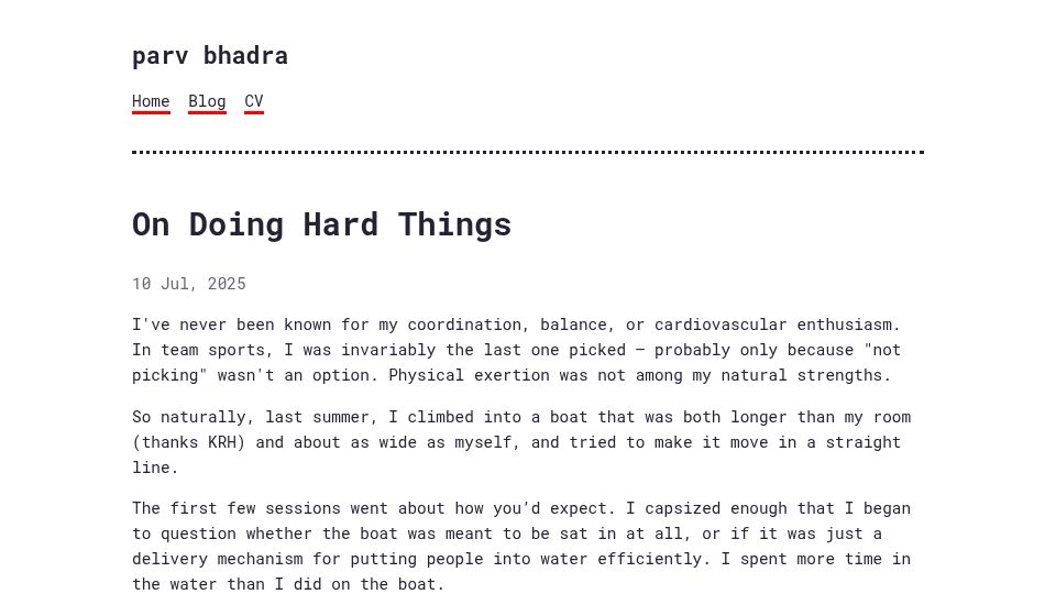 Screenshot of parv.bearblog.dev: On doing hard things