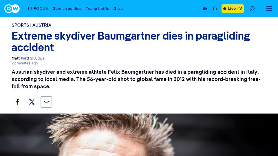 Screenshot of dw.com: Extreme skydiver Baumgartner dies in paragliding accident