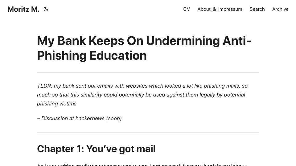 Screenshot of moritz-mander.de: My bank keeps on undermining anti-phishing education