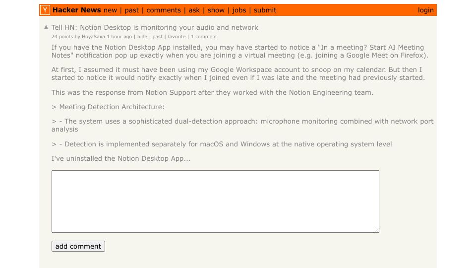 Screenshot of Hacker News post: Tell HN: Notion Desktop is monitoring your audio and network