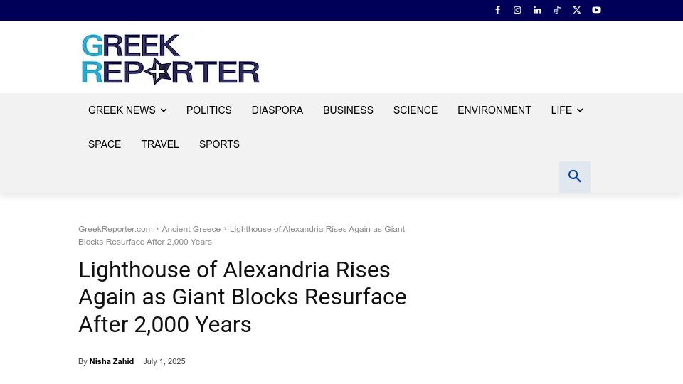 Screenshot of archaeologymag.com: Stone blocks from the Lighthouse of Alexandria recovered from seafloor