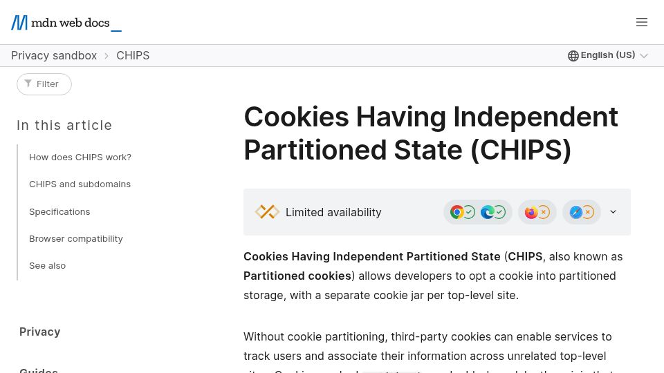 Screenshot of developer.mozilla.org: Cookies Having Independent Partitioned State (Chips)