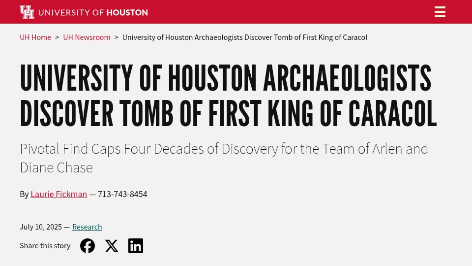 Screenshot of uh.edu: Archaeologists discover tomb of first king of Caracol