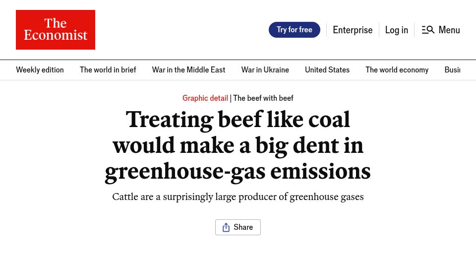 Screenshot of economist.com: Treating beef like coal would make a big dent in greenhouse-gas emissions