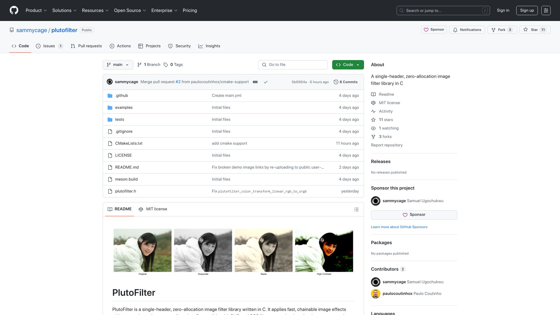 Screenshot of github.com: Show HN: PlutoFilter- A single-header, zero-allocation image filter library in C