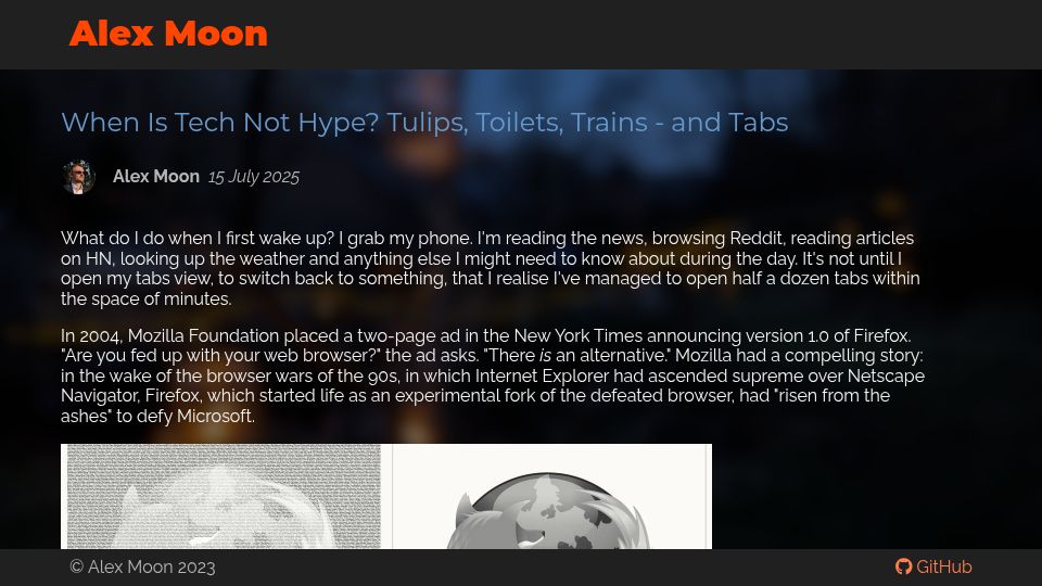 Screenshot of ajmoon.com: When is tech not hype? Tulips, toilets, trains and tabs