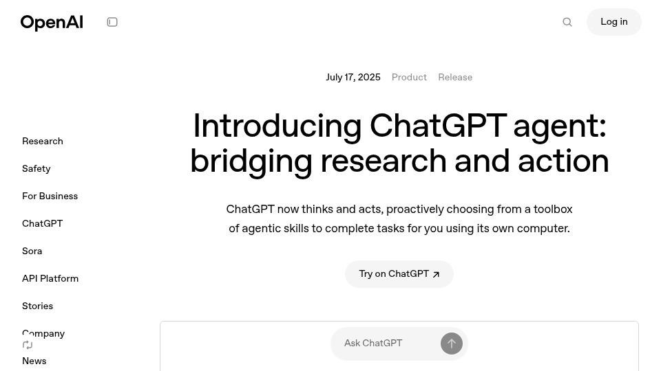 Screenshot of openai.com: ChatGPT agent: bridging research and action