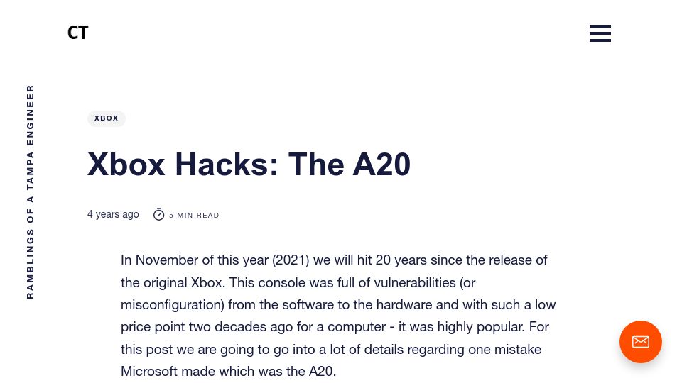Screenshot of connortumbleson.com: Xbox Hacks: The A20 (2021)