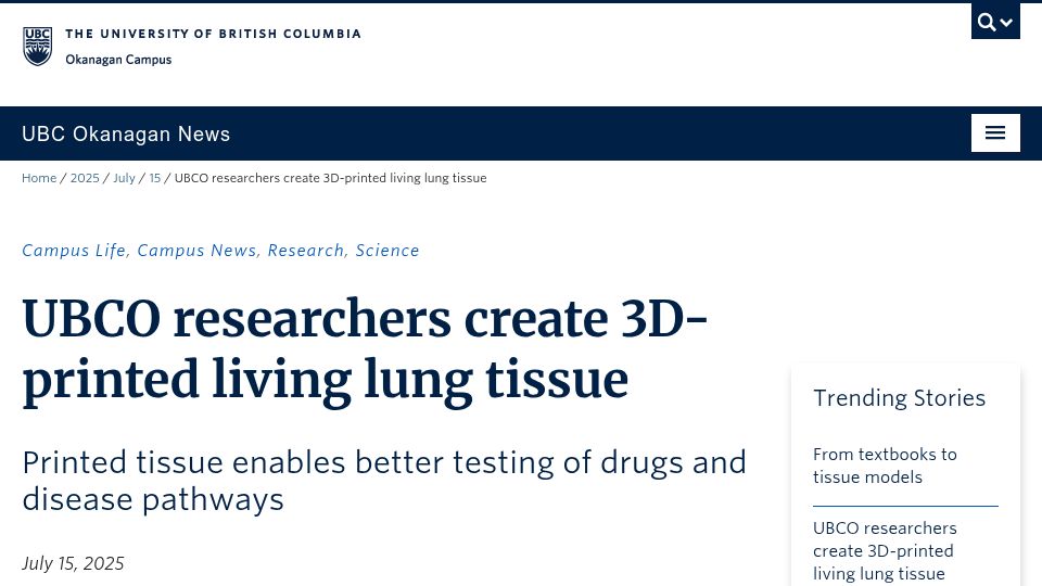 Screenshot of news.ok.ubc.ca: 3D-printed living lung tissue
