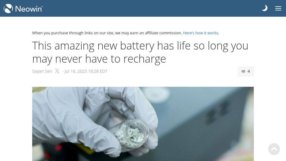 Screenshot of neowin.net: New battery has life so long you may never have to recharge
