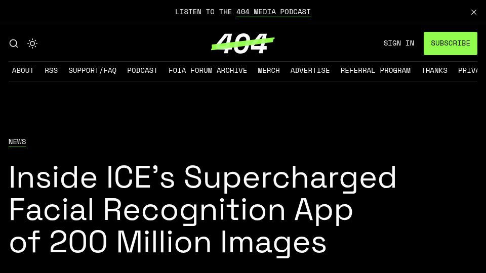 Screenshot of 404media.co: ICE's Supercharged Facial Recognition App of 200M Images