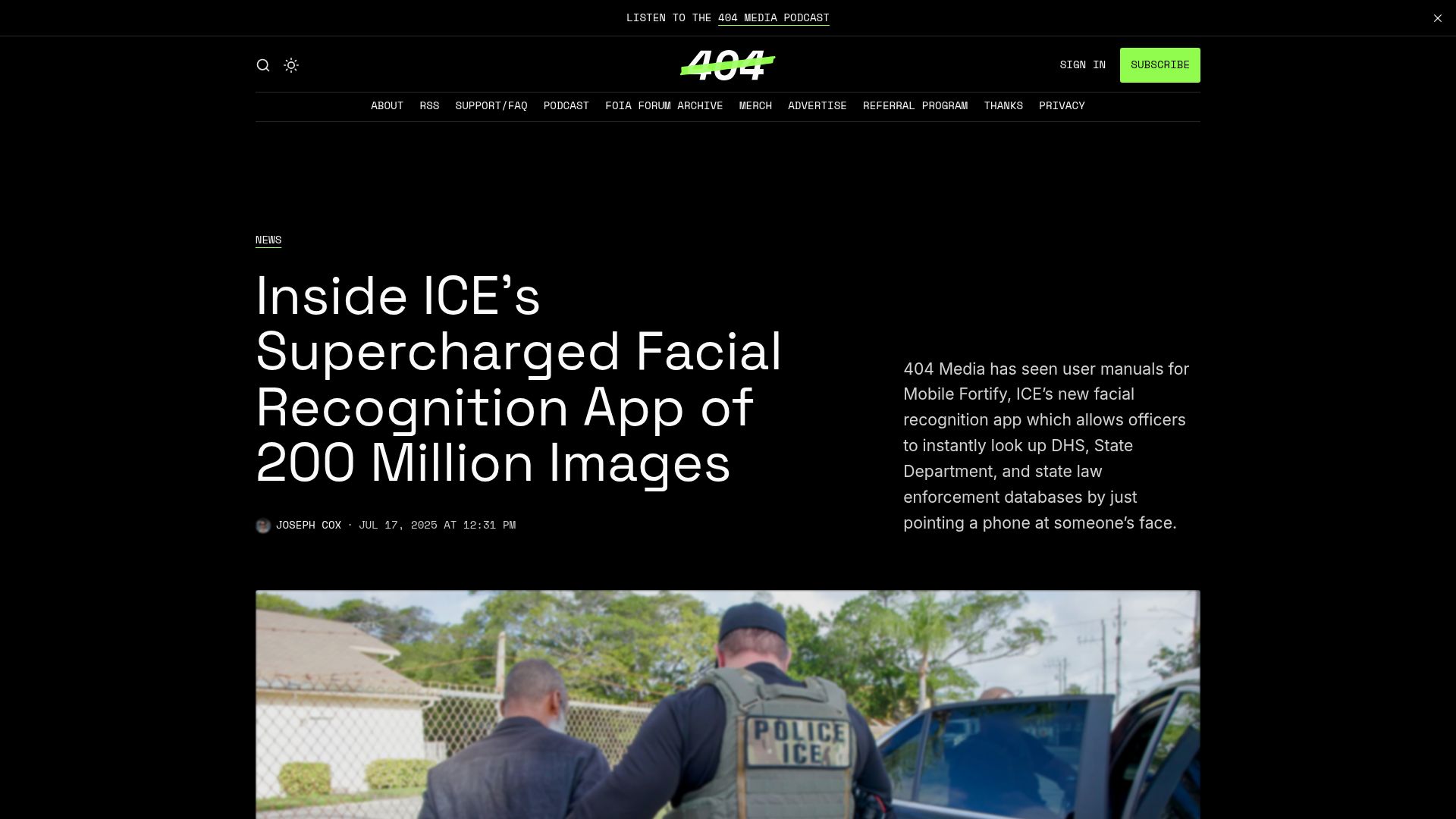 Screenshot of 404media.co: ICE's Supercharged Facial Recognition App of 200M Images