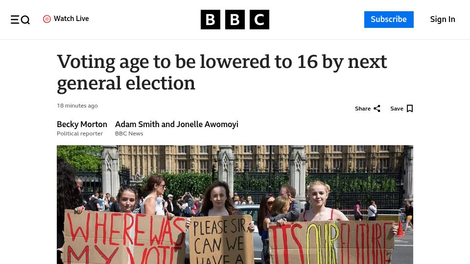 Screenshot of bbc.co.uk: Voting age to be lowered to 16 by next general election