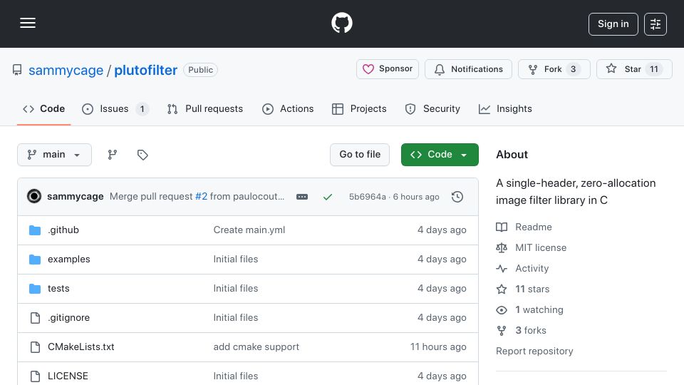 Screenshot of github.com: Show HN: PlutoFilter- A single-header, zero-allocation image filter library in C