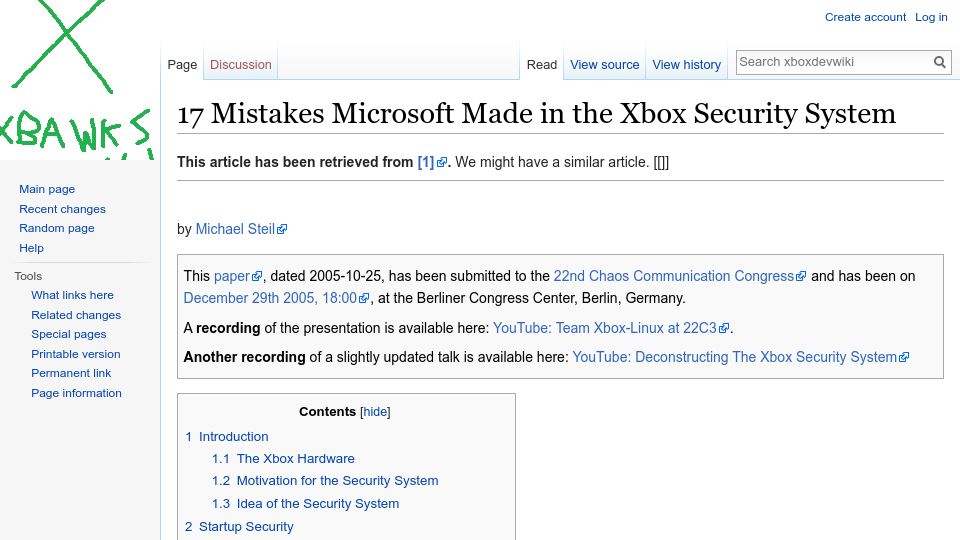 Screenshot of xboxdevwiki.net: Mistakes Microsoft made in the Xbox security system (2005)