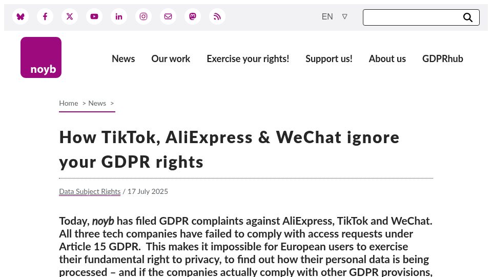 Screenshot of noyb.eu: TikTok, AliExpress and WeChat ignore your GDPR rights