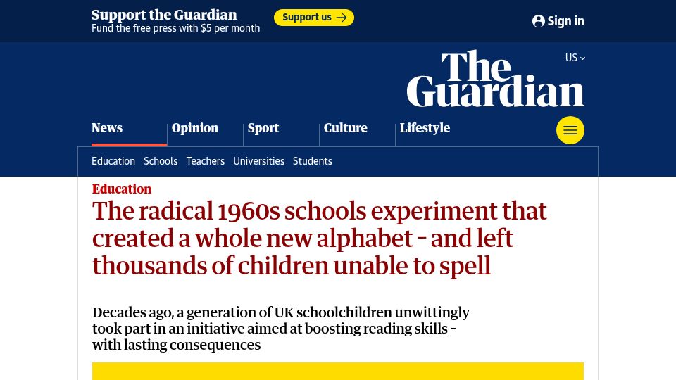 Screenshot of theguardian.com: A 1960s schools experiment that created a new alphabet