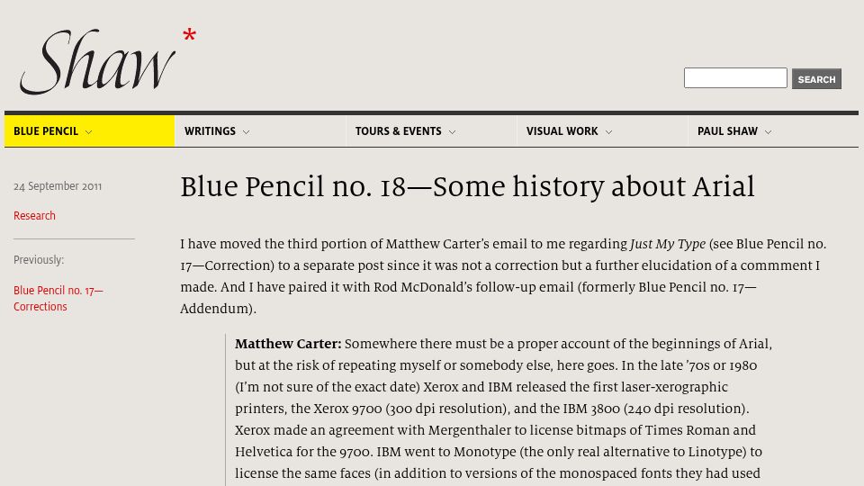 Screenshot of paulshawletterdesign.com: Blue Pencil no. 18–Some history about Arial