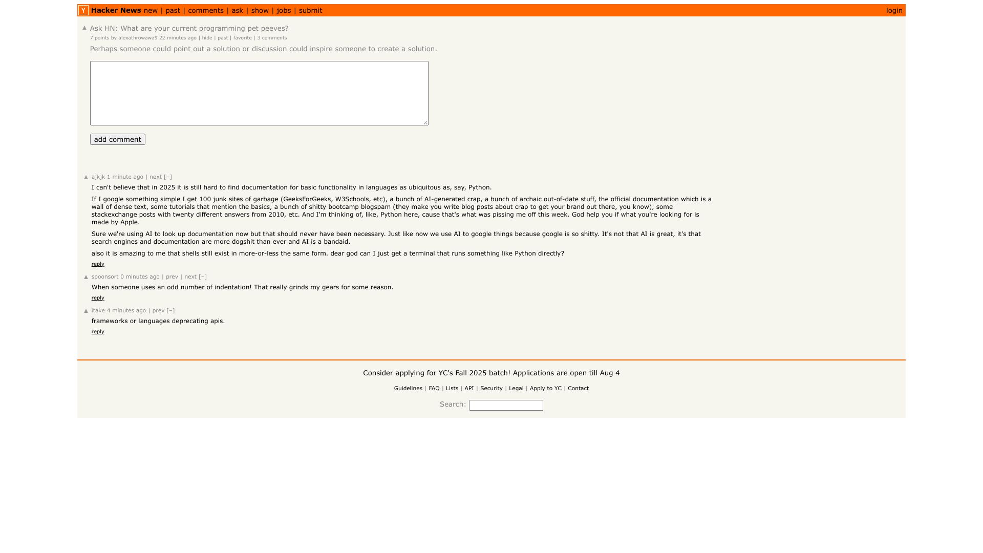 Screenshot of this Hacker News post: Ask HN: What are your current programming pet peeves?