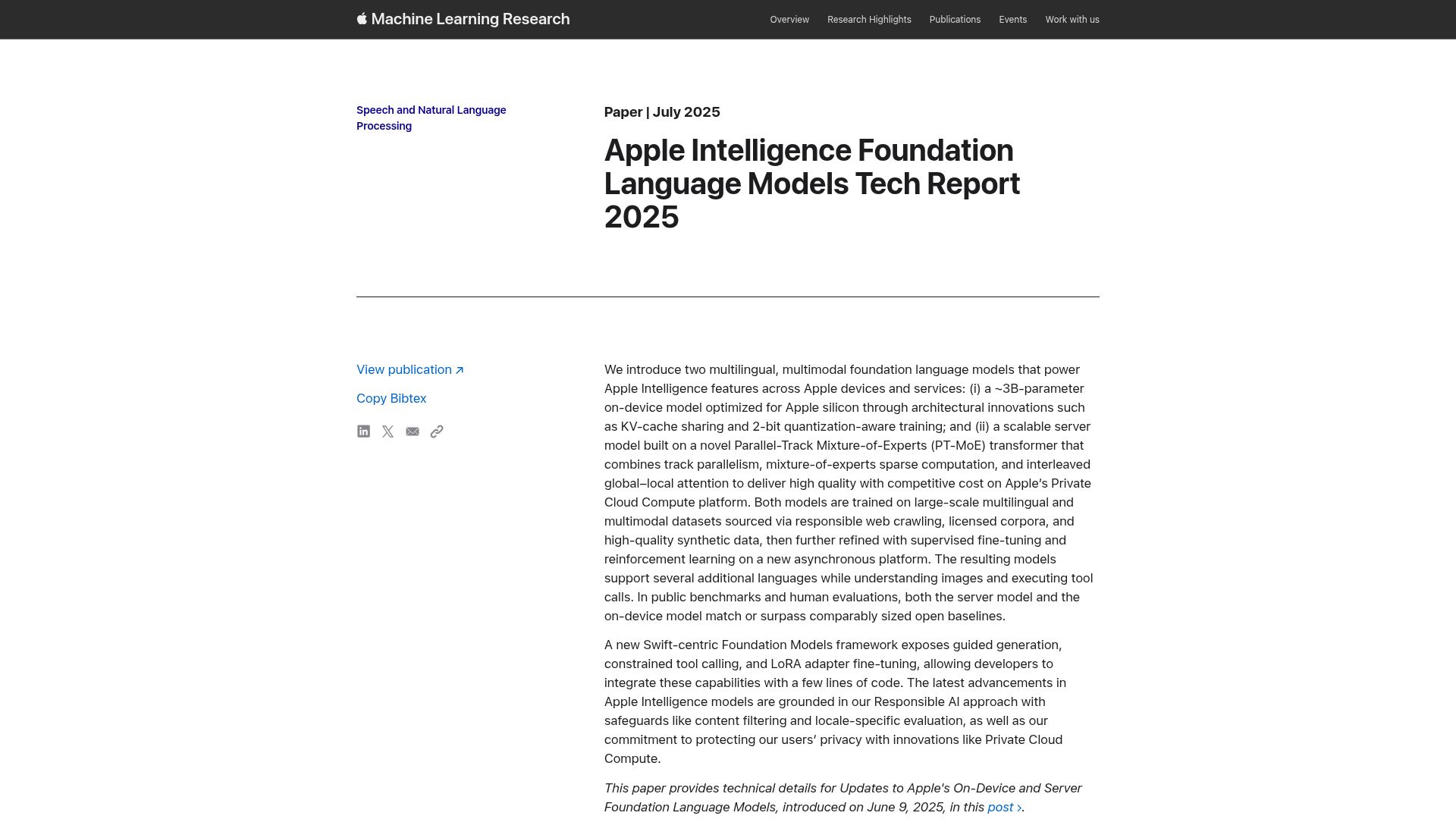 Screenshot of machinelearning.apple.com: Apple Intelligence Foundation Language Models Tech Report 2025