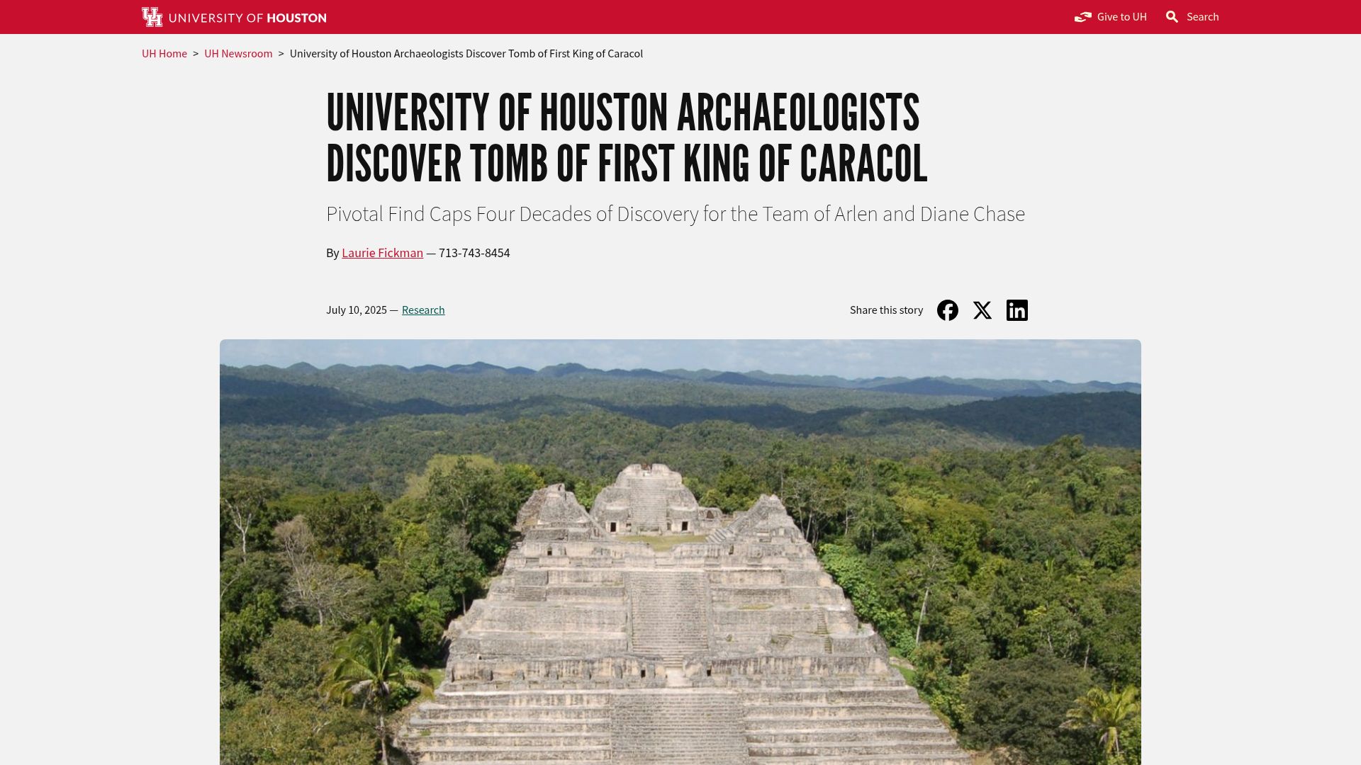 Screenshot of uh.edu: Archaeologists discover tomb of first king of Caracol