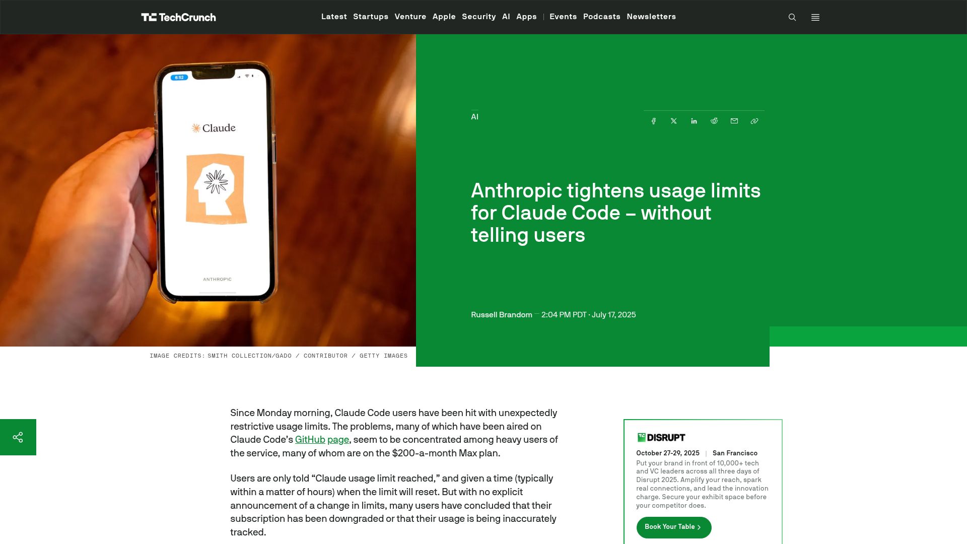 Screenshot of techcrunch.com: Anthropic tightens usage limits for Claude Code without telling users