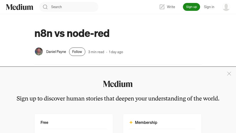 Screenshot of daniel-payne-keldan-systems.medium.com: N8n vs. node-red, which to use for AI workloads