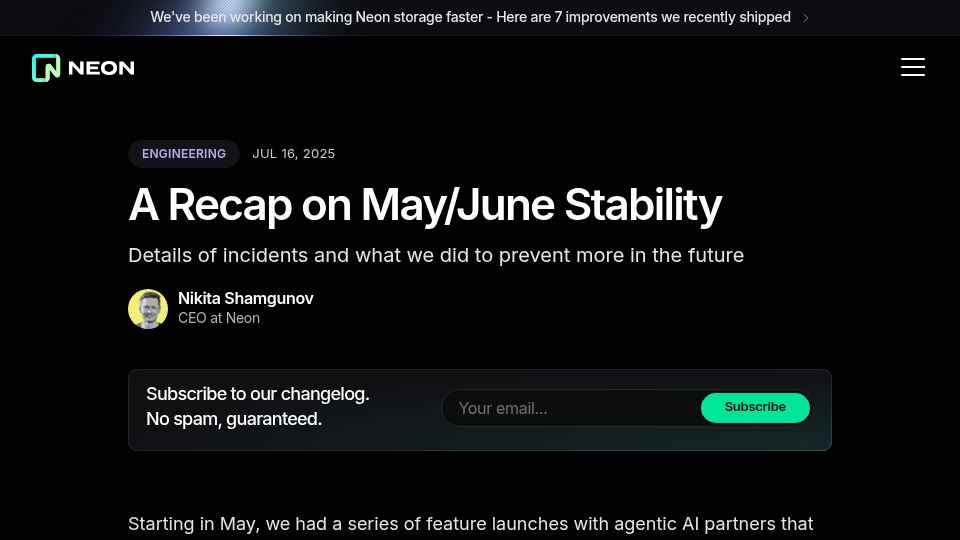 Screenshot of neon.com: A recap on May/June stability at Neon