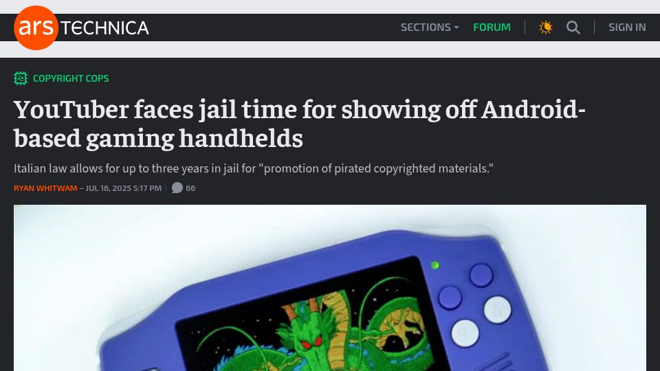 Screenshot of androidauthority.com: Retro gaming YouTuber Once Were Nerd sued and raided by the Italian government