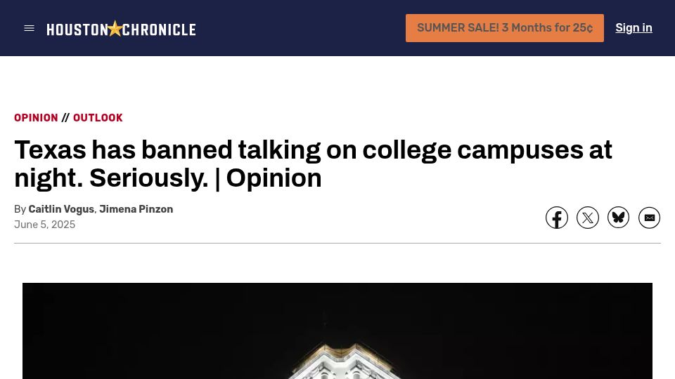 Screenshot of houstonchronicle.com: Texas has banned talking on college campuses at night. Seriously