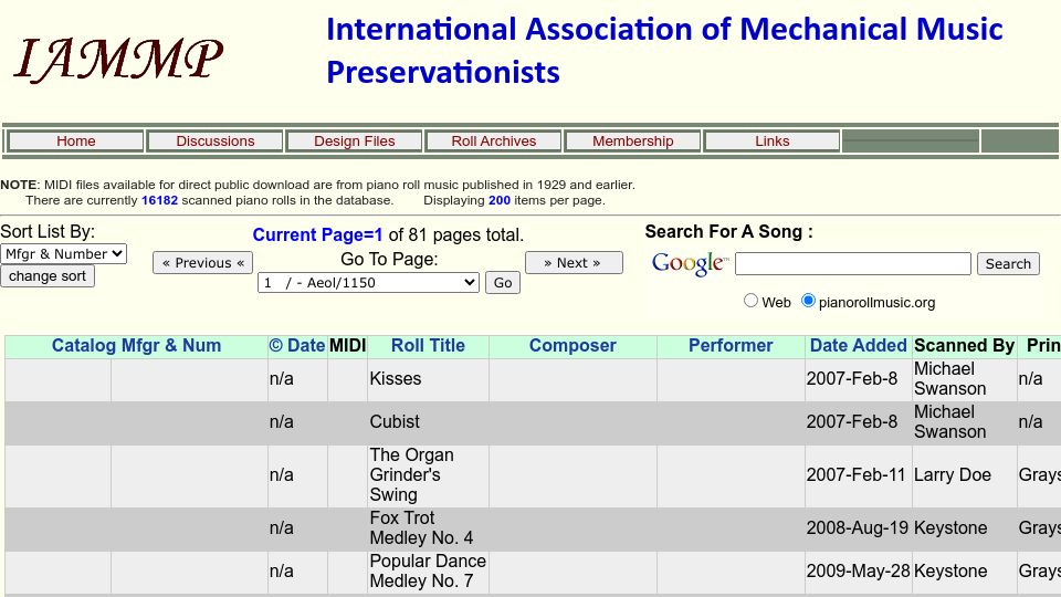 Screenshot of pianorollmusic.org: Scanned piano rolls database