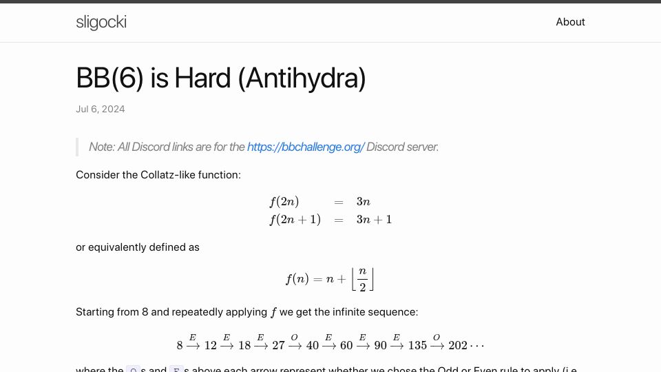 Screenshot of sligocki.com: BB(6) Is Hard (Antihydra) (2024)