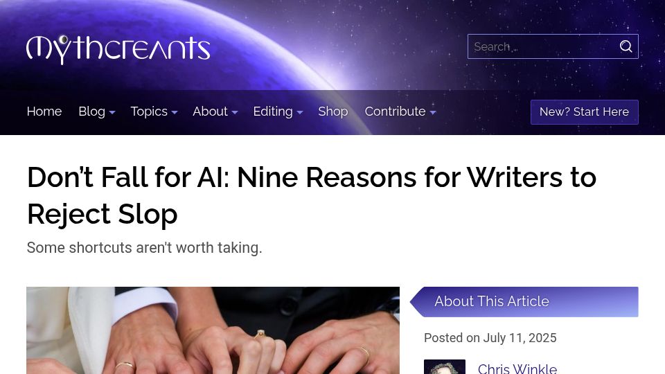 Screenshot of mythcreants.com: Don't Fall for AI: Reasons for Writers to Reject Slop