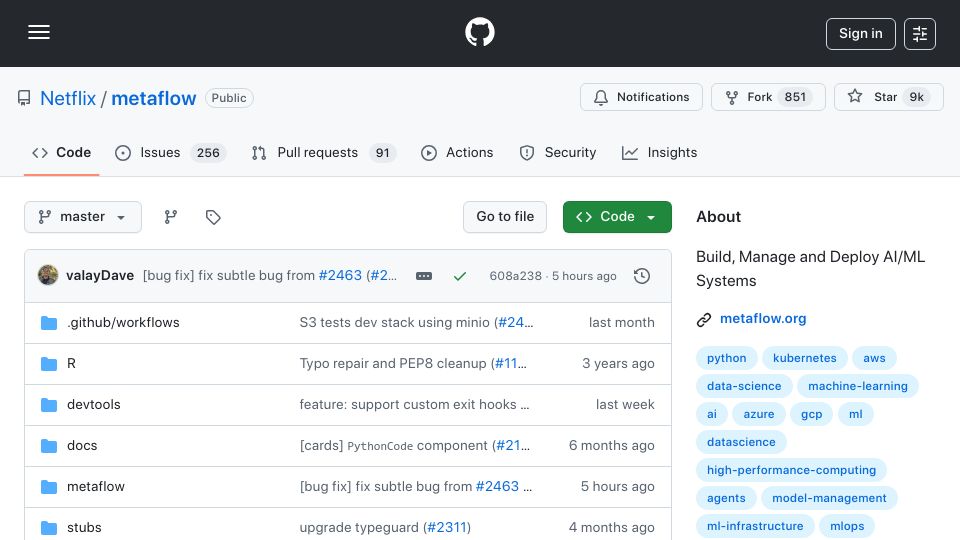 Screenshot of github.com: Metaflow: Build, Manage and Deploy AI/ML Systems