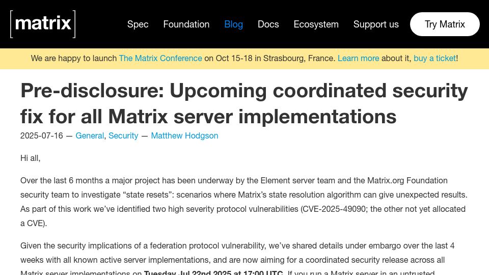 Screenshot of matrix.org: Upcoming coordinated security fix for all Matrix server implementations