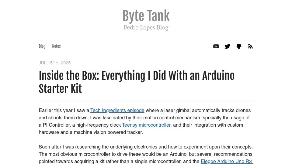 Screenshot of lopespm.com: Inside the box: Everything I did with an Arduino starter kit