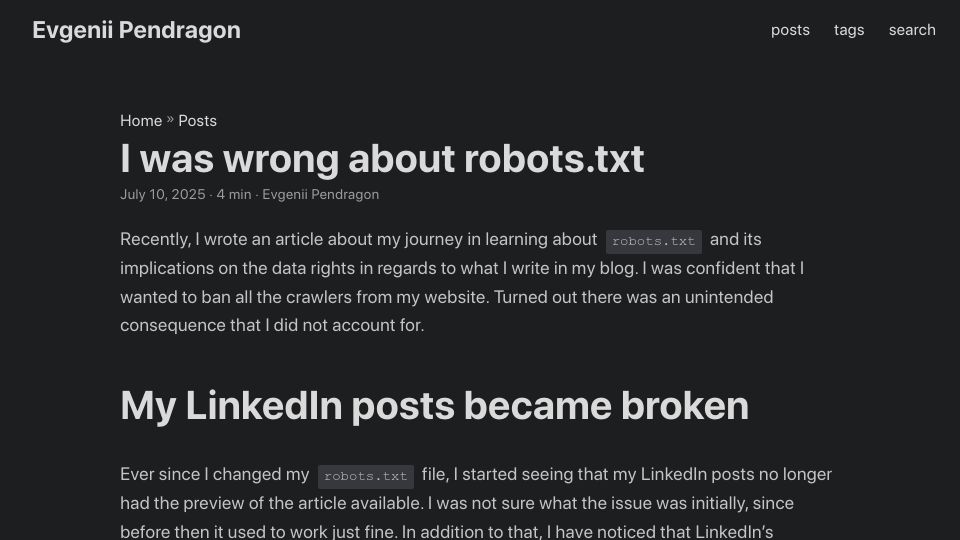 Screenshot of evgeniipendragon.com: I was wrong about robots.txt