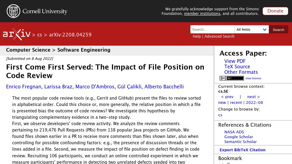 Screenshot of arxiv.org: The impact of file position on code review