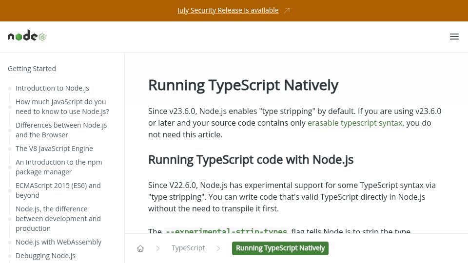 Screenshot of nodejs.org: Running TypeScript Natively in Node.js