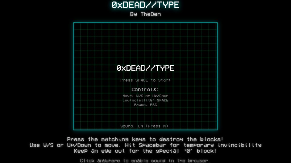 Screenshot of 0xdeadtype.theden.sh: Show HN: 0xDEAD//TYPE – A fast-paced typing shooter with retro vibes